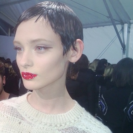 Rhinestone red lips at Dior Paris Haute Couture Fashion Week Spring/Summer 2013