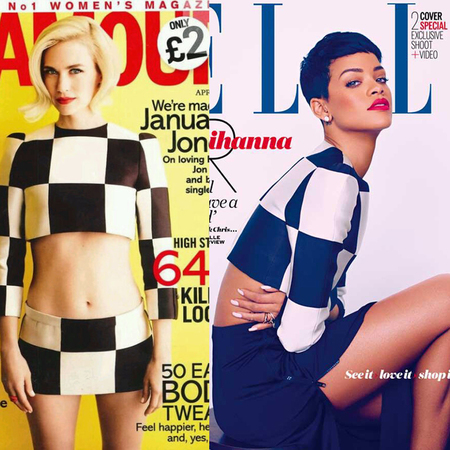 Rihanna v January Jones in Louis Vuitton for Elle and Glamour