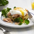 trout fish cakes with watercress and a poached egg