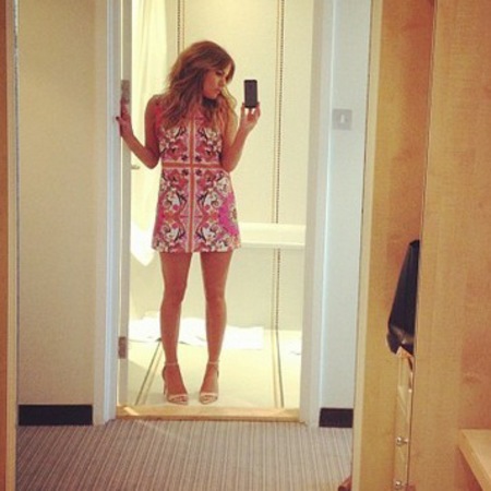 Caroline Flack in ASOS dress at Xtra Factor filming