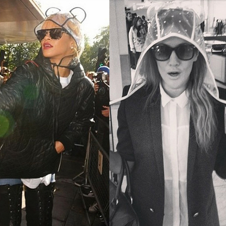 Caroline Flack and Rihanna wear mouse ear rain hoods