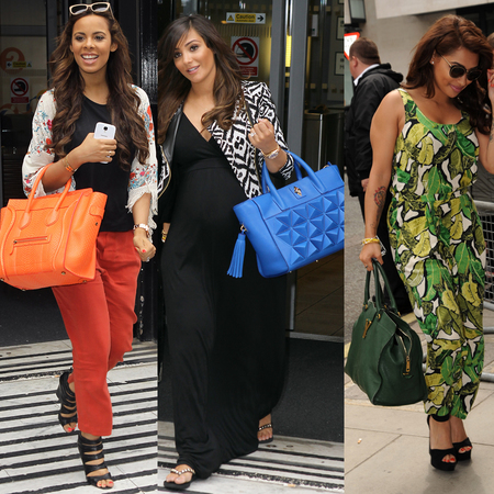 The Saturdays Frankie Sandford, Rochelle Humes, Vanessa White with big colourful handbags