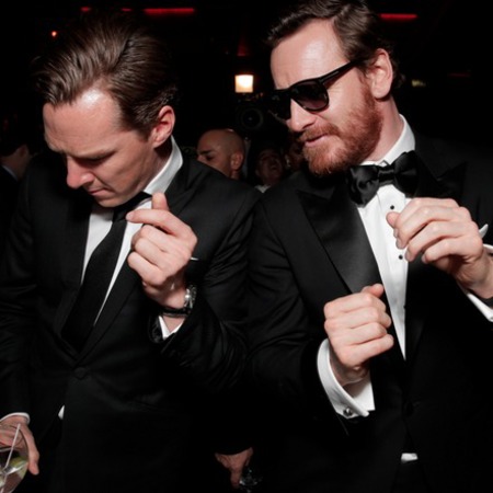 benedict cumberbatch and michael fassbender - dance off - golden globes - handbag.com
