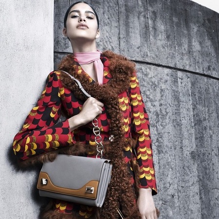 prada autumn winter 2014-new handbag-brown and grey shoulder bag-ad campaign-handbag.com